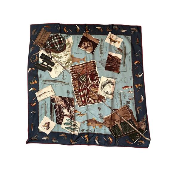 Ralph Lauren Women's Blue & Black 100% Silk Fish Print Scarf RARE fisherman - Picture 2 of 14